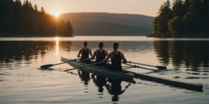 Rowers on a lake at sunrise, enhancing mental health.